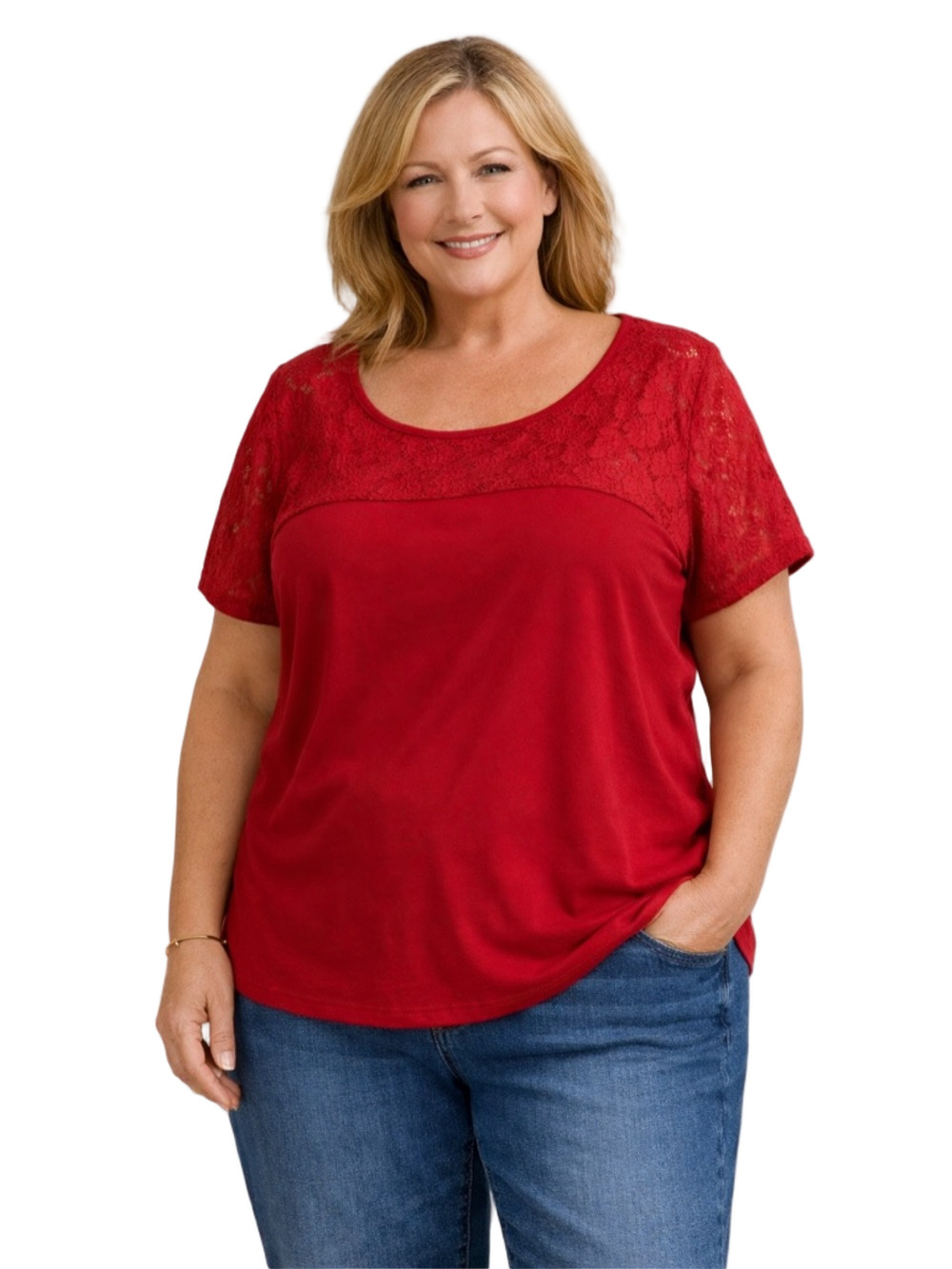 SHEIN Red Lace short sleeve floral Blouse